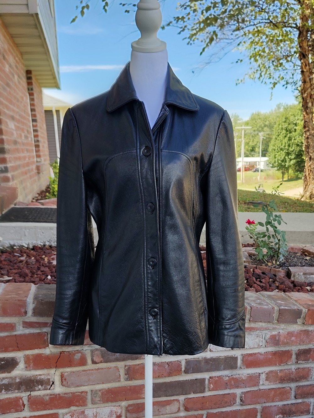 Vintage Maxima Wilsons Black Leather Mid Length Button Jacket Size M 90s Grunge